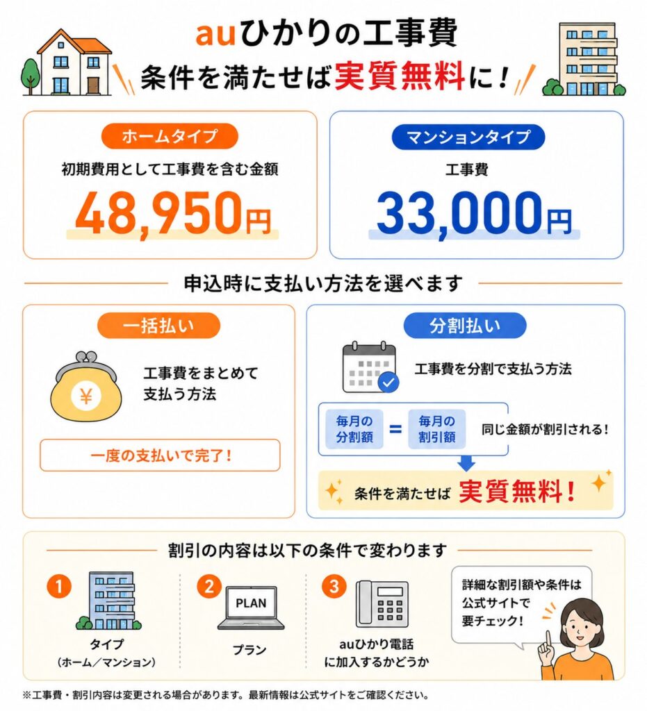 auひかりの工事費はホームタイプ48,950円・マンションタイプ33,000円で、分割払いでは条件を満たすと毎月の分割額と同額が割引され実質負担を抑えられる