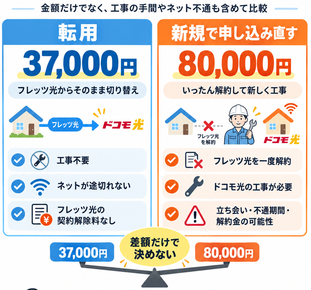 転用37,000円と新規80,000円を比較し、転用は工事不要・ネットが途切れない・フレッツ光の契約解除料がかからない一方、新規は解約や工事、不通期間の手間があるため、差額だけでなく総合的に判断すべきことを示した図。