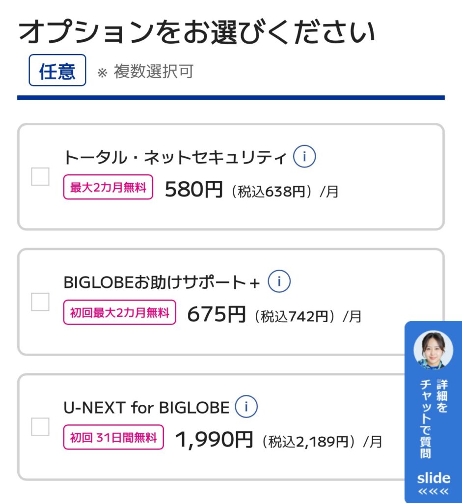 BIGLOBE WiMAXのオプションの選択画面