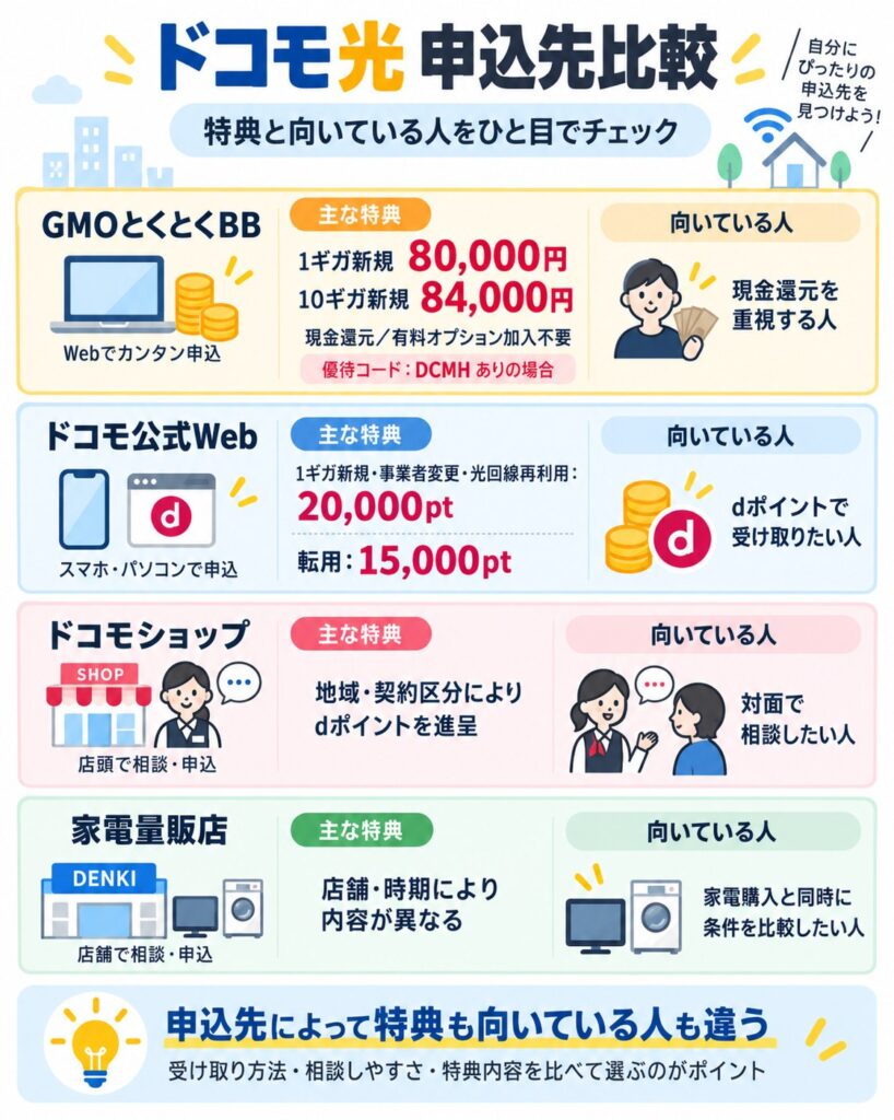 ドコモ光の申込先は、GMOとくとくBBが現金還元、ドコモ公式Webがdポイント、ドコモショップが対面相談、家電量販店が家電購入とあわせた条件比較に向いています。