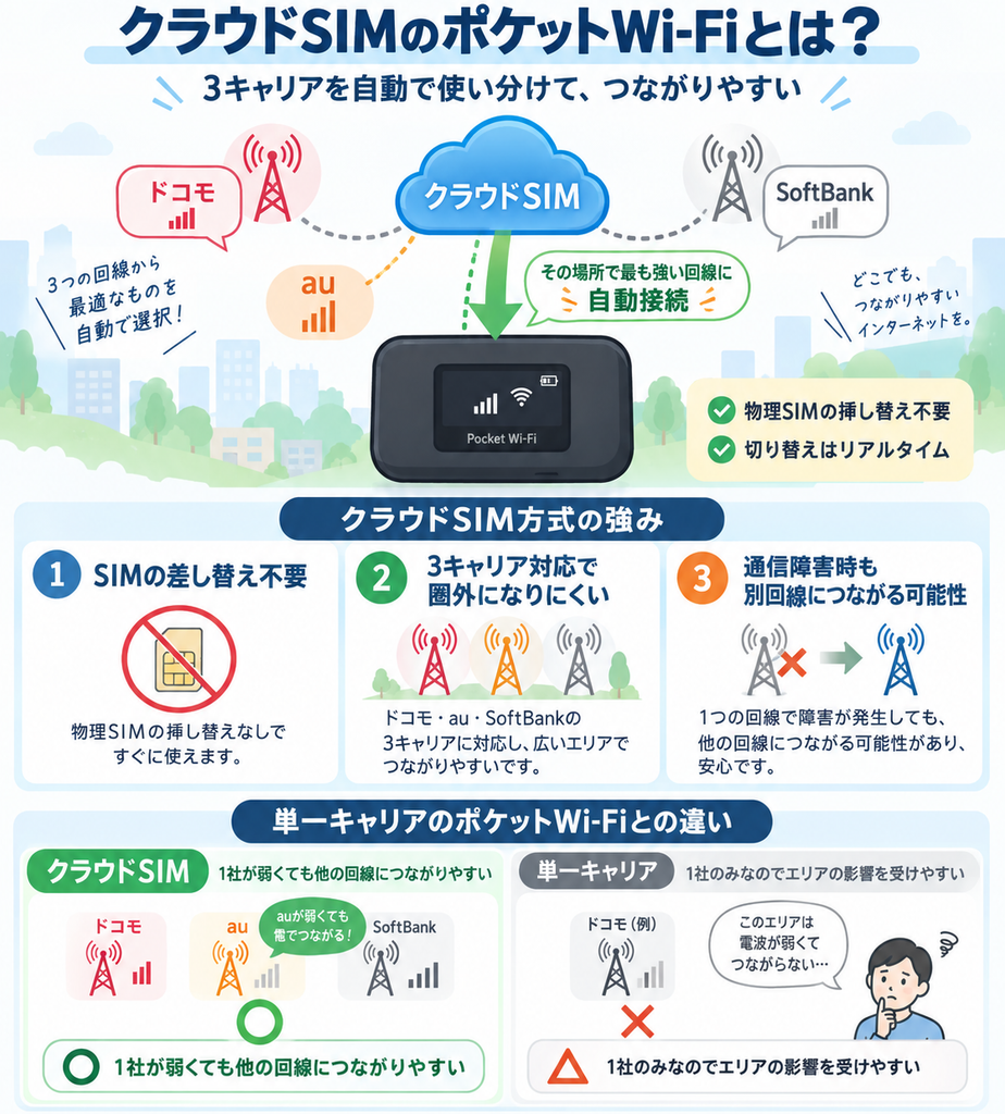 クラウドSIMのポケットWi-Fiはドコモ・au・SoftBankの3回線から電波の強い回線へ自動接続し、SIMの挿し替え不要で、圏外や通信障害時も別回線につながりやすい。