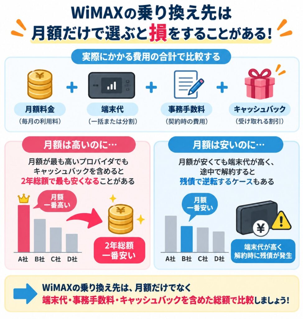WiMAXは月額だけでなく端末代・事務手数料・キャッシュバック・解約時の残債まで含めた総額で比較することが重要です。