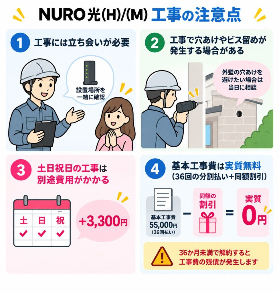 NURO 光(H)/(M)の工事は立ち会いが必要で、穴あけが発生する場合があり、土日祝日は3,300円追加、基本工事費55,000円は36回払いと同額割引で実質無料になる