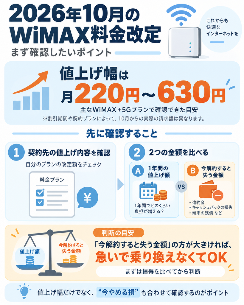 2026年10月のWiMAX +5Gは月220円〜630円の値上げが確認されており、1年間の値上げ額より今解約して失う金額の方が大きい場合は、急いで乗り換える必要はありません。