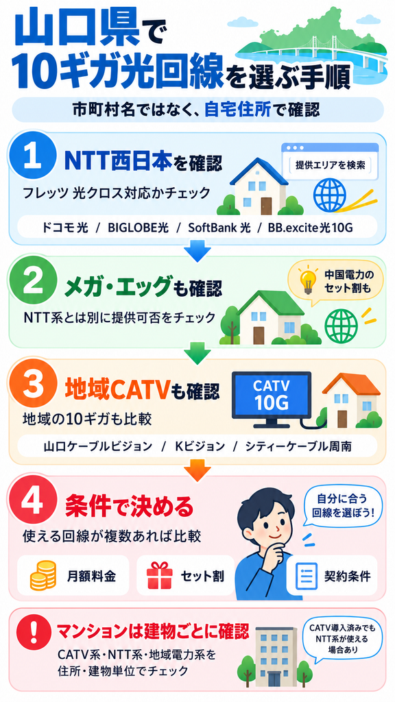 山口県で10ギガ光回線を選ぶ際は、NTT西日本・メガ・エッグ・地域CATVの提供状況を自宅住所で確認し、月額料金やセット割、契約条件を比較して決める。