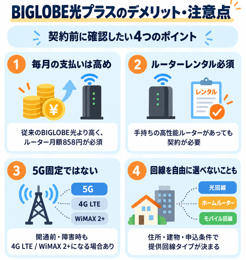 BIGLOBE光プラスのデメリット・注意点として、毎月の支払いが高め、ルーターレンタル必須、5G固定ではなく4G LTEやWiMAX 2+になる場合があること、提供回線を自由に選べない場合がある