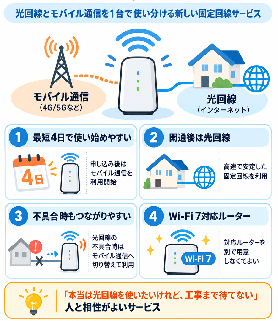 BIGLOBE光プラス by auひかりプラスの仕組みと、最短4日でモバイル通信を開始できること、開通後は光回線、不具合時はモバイル通信へ切り替えられること、Wi-Fi 7対応ルーターを利用できる特徴