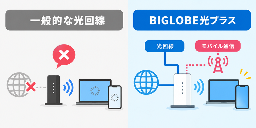 一般的な光回線とBIGLOBE光プラスを比較し、光回線の障害時にBIGLOBE光プラスはモバイル通信へ切り替えてネットを継続できる仕組み