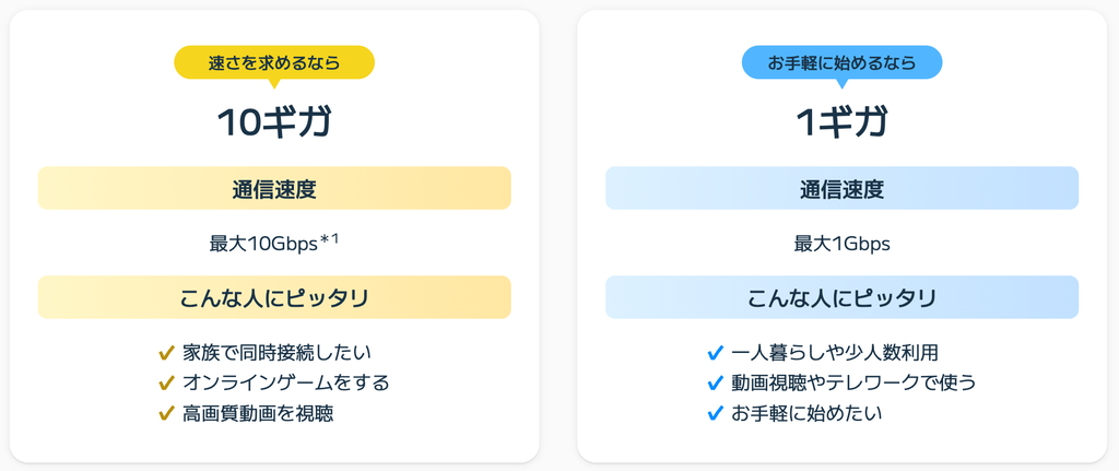 BIGLOBE光プラスは1ギガと10ギガを選ぶことができる